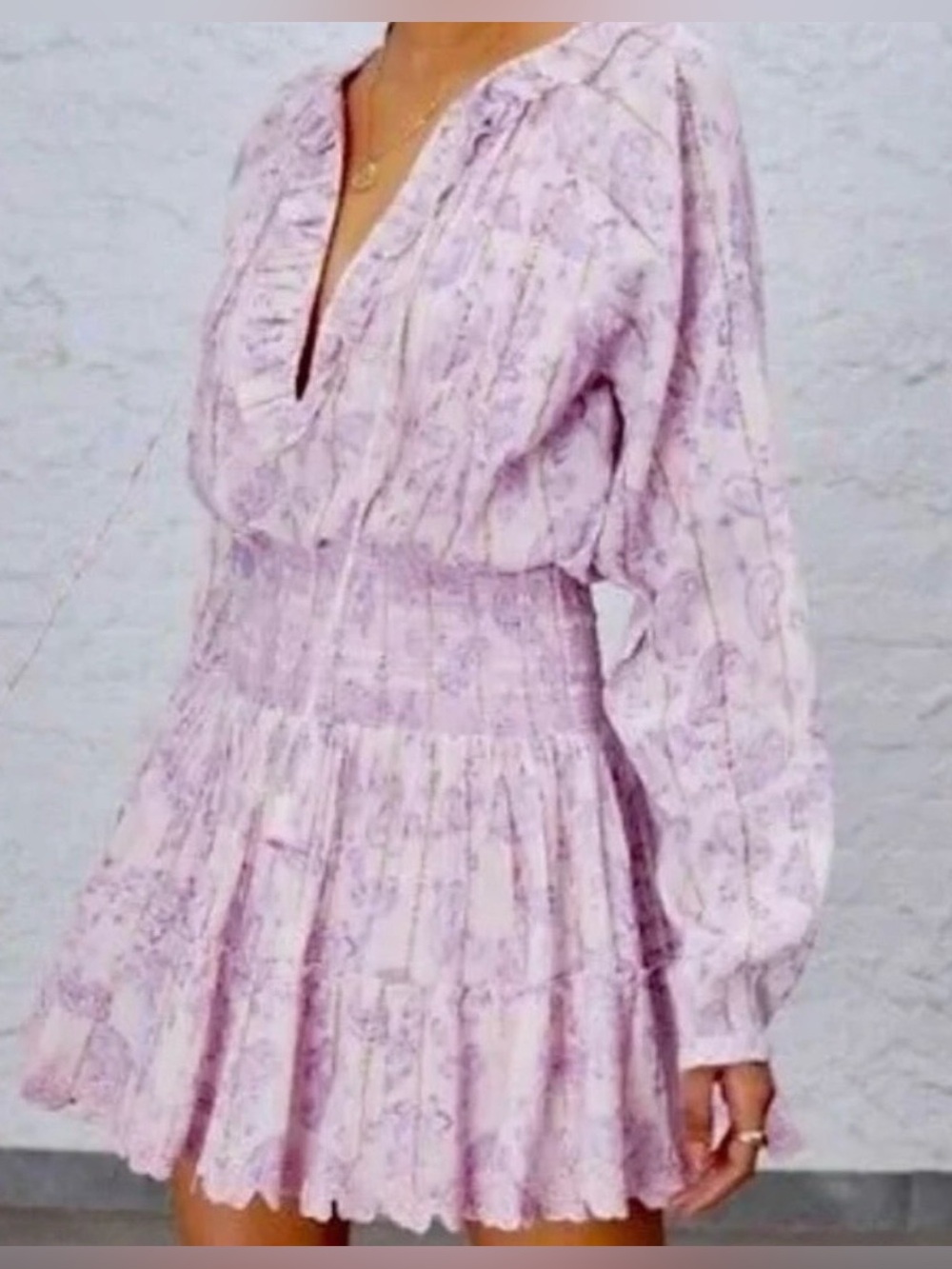 House of Harlow 1960 Boho Paisley Smocked Mini Dress S Lilac Puff Sleeve - Picture 3 of 14